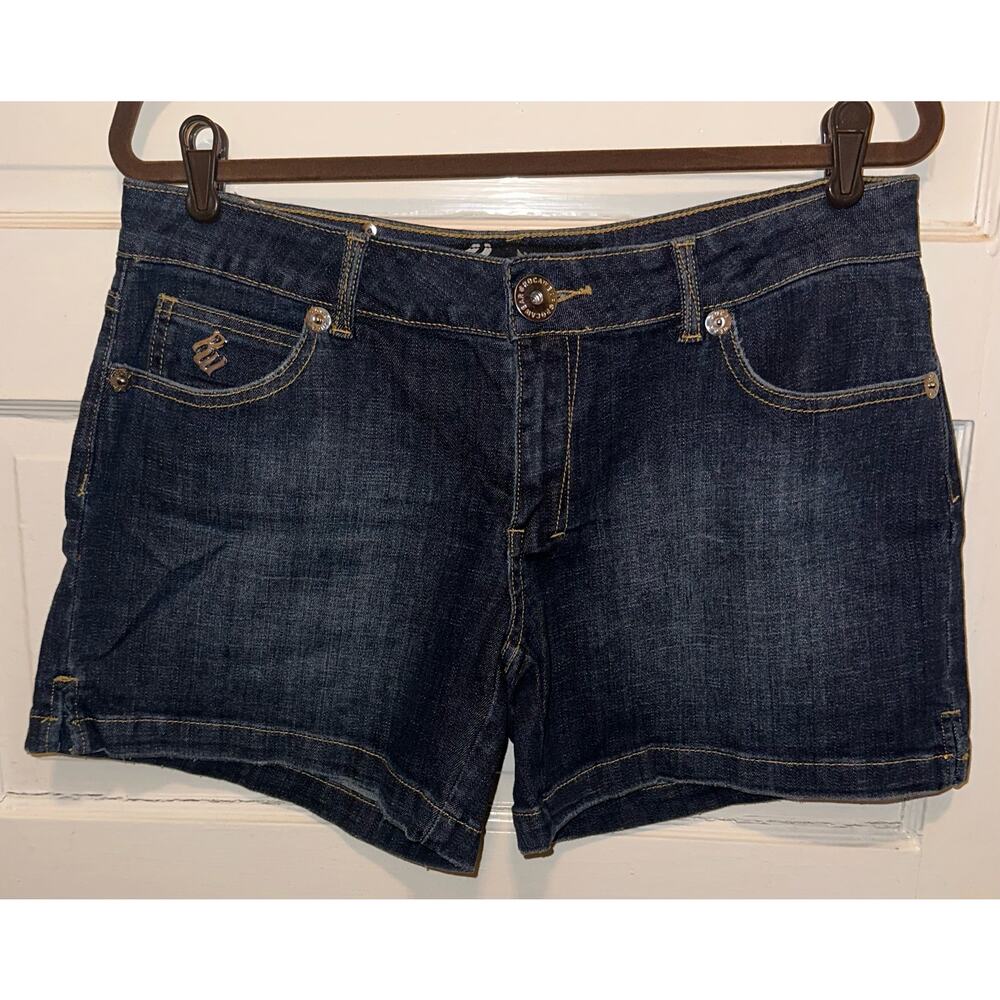 Rocawear Womens‎ Denim Jean Shorts Size 11 Dark Wash Purple Embroidered Pockets